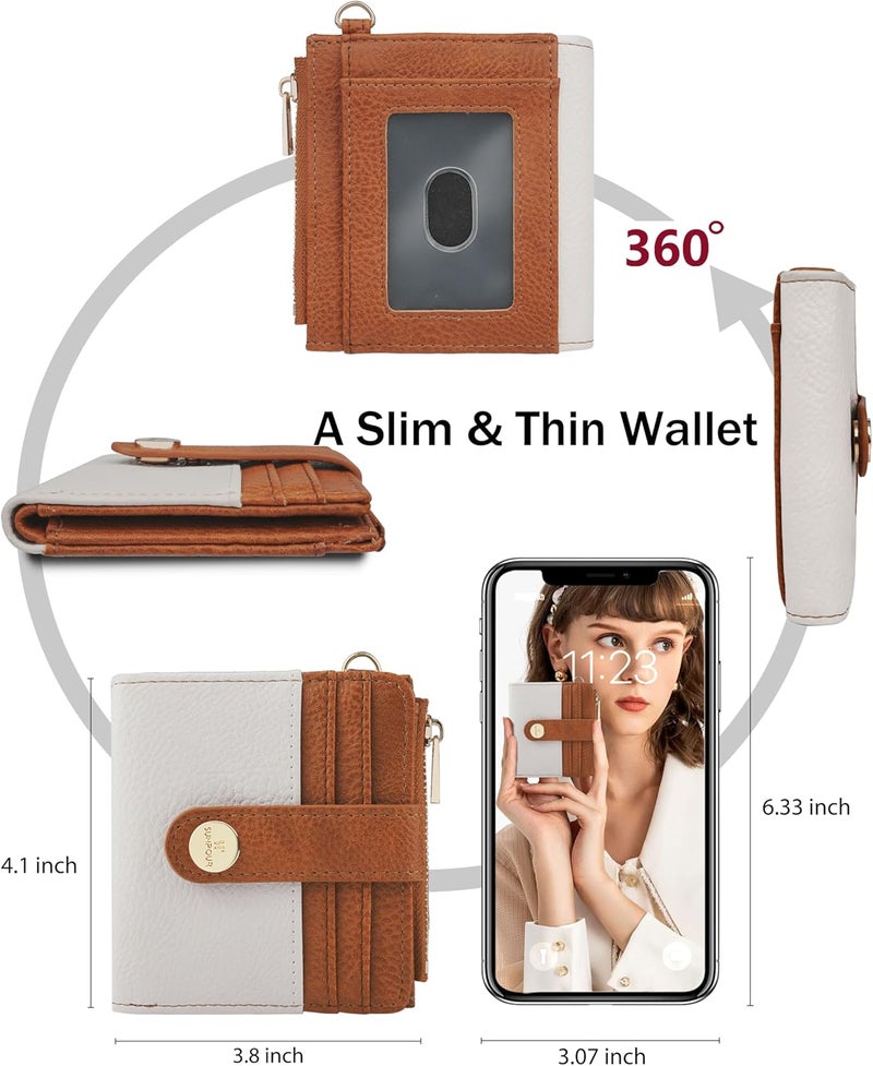 Sunpour Small Wristlet Wallets for Women Keychain Wristlet Wallet RFID Blocking Key Chain Wallet With Zipper Coin Pocket,2 Id Window (Beige＆Brown) - Image 3